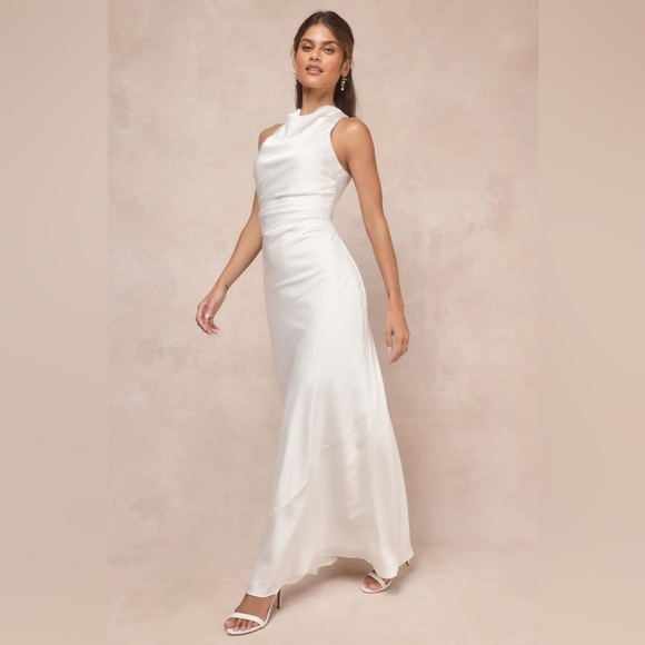 LULU’S Effortlessly Sensational White Satin Backless Maxi Dress - Picture 2 of 7